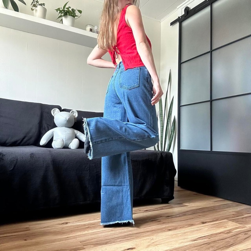 Listicle High Waisted Distressed Flare Jeans